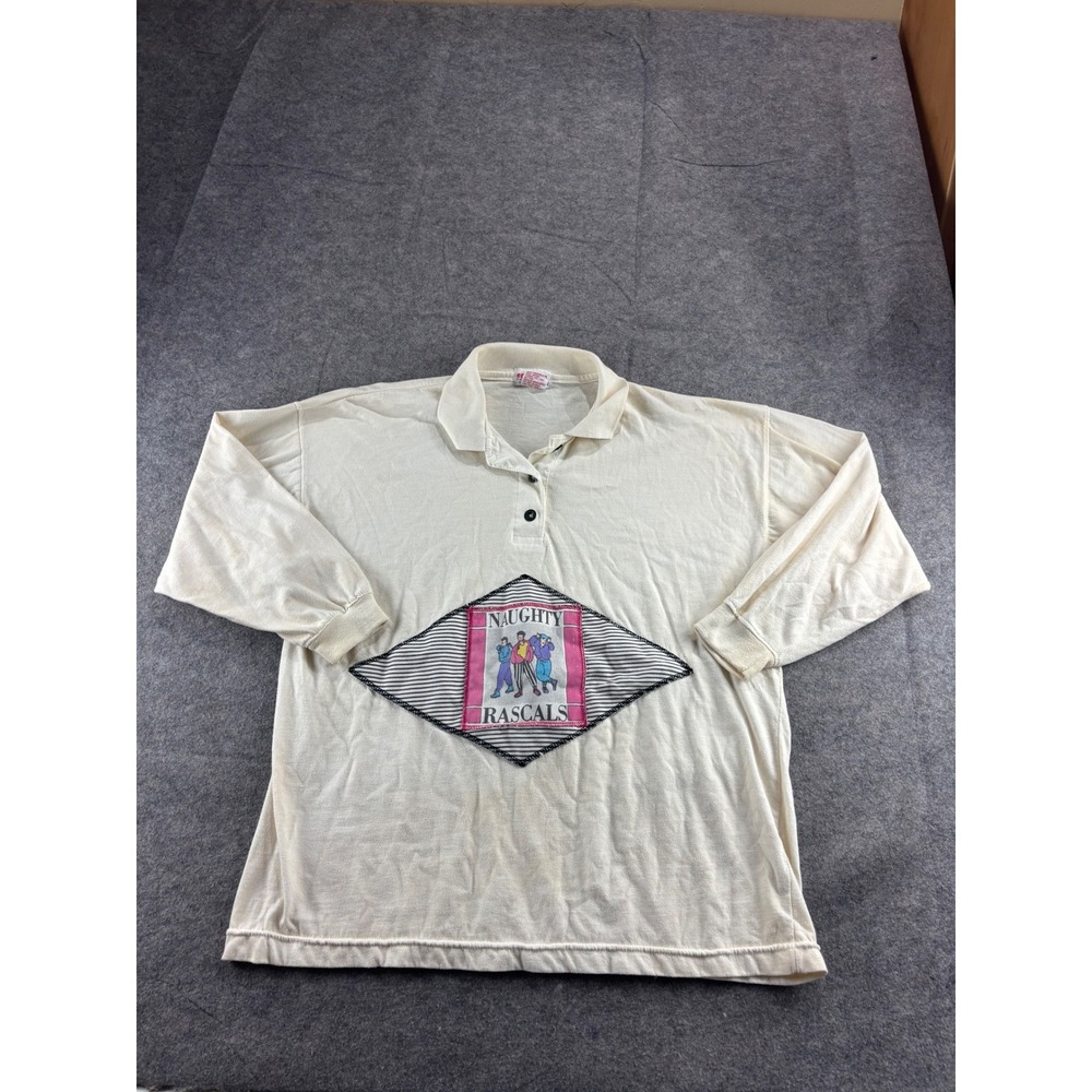 VTG Energie Hi Currents Naughty Rascals Graphic Long Sleeve Polo Shirt Cream M